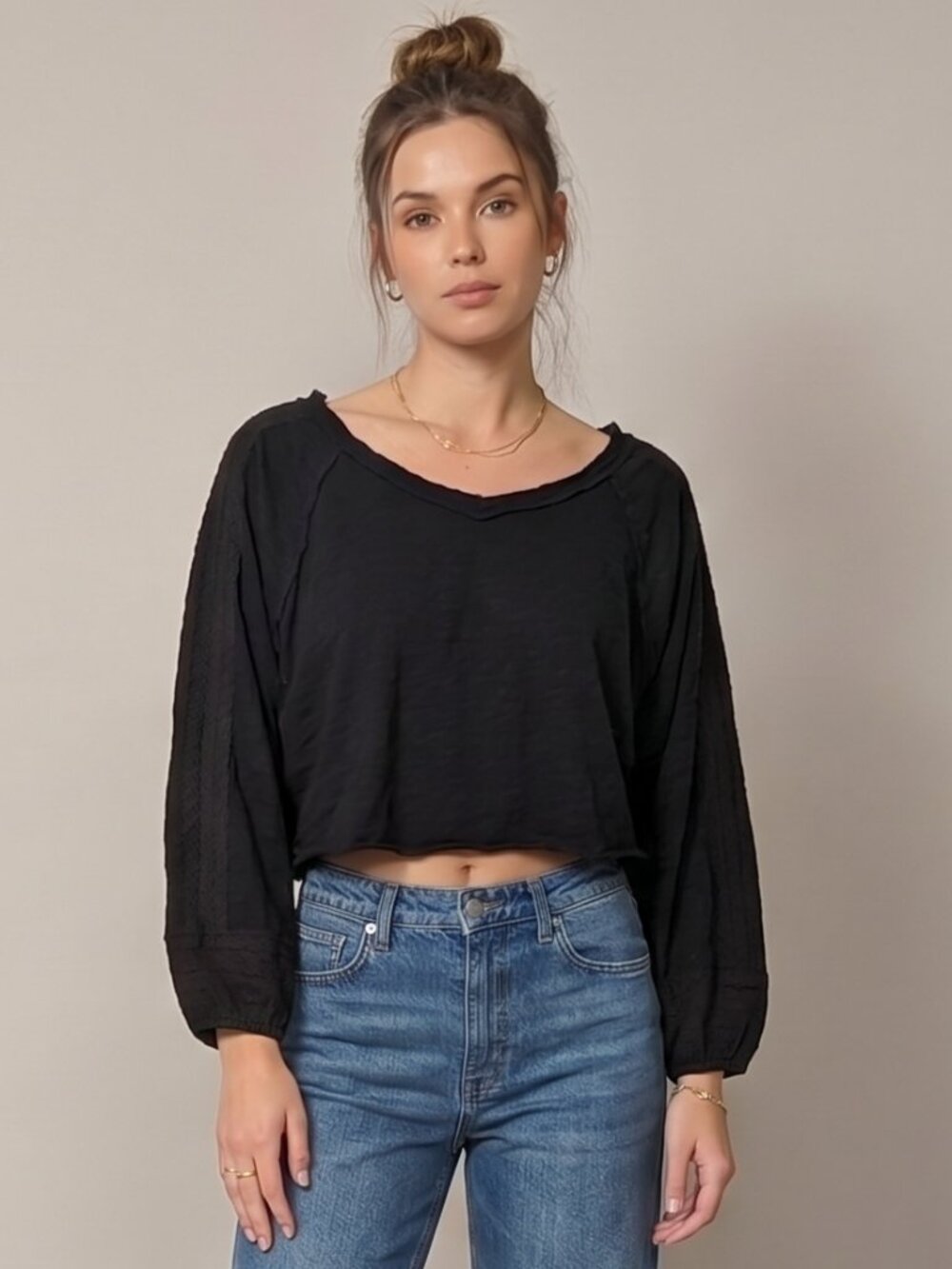 Umgee Black Balloon Sleeve Raw Hem Crop Top Crochet Detail Size Medium